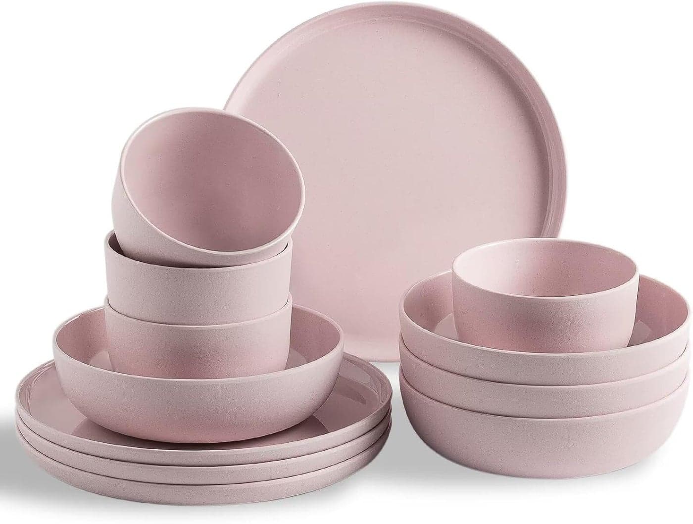 MissYIP 12 Pcs Wheat Straw Dinnerware Sets Unbreakable Reusable Kitchen Dinnerware Set Outdoor Camping Dishes BAP free Dishwasher SafeNot ovensafe or microwavableShell Pink