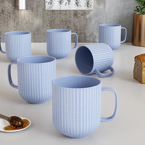 The Earth Store Microwave Safe Pastel Fringe Blue Ceramic Coffee/Milk Mug with Handle Best Gift to Friends, Anniversary(Set of 6)