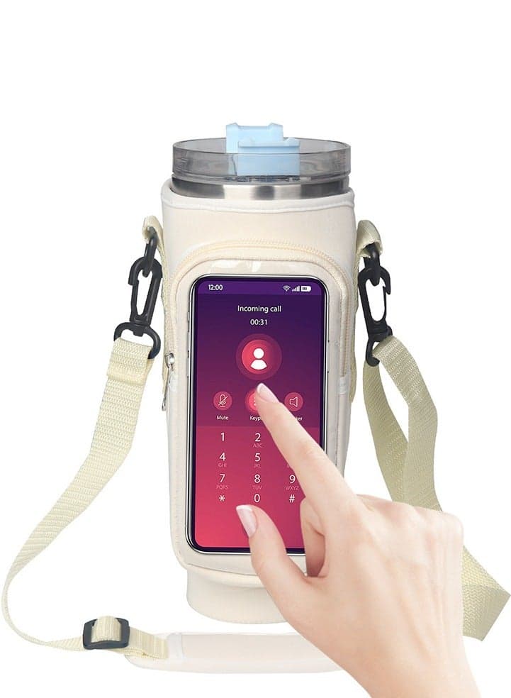 Water Bottle Carrier Bag with Strap for Stanley 40oz Tumbler with Handle, 2 Pocket Sling Neoprene Bottle Pouch Holder, Stanley Cup Accessories for Hiking Travelling Camping (White)