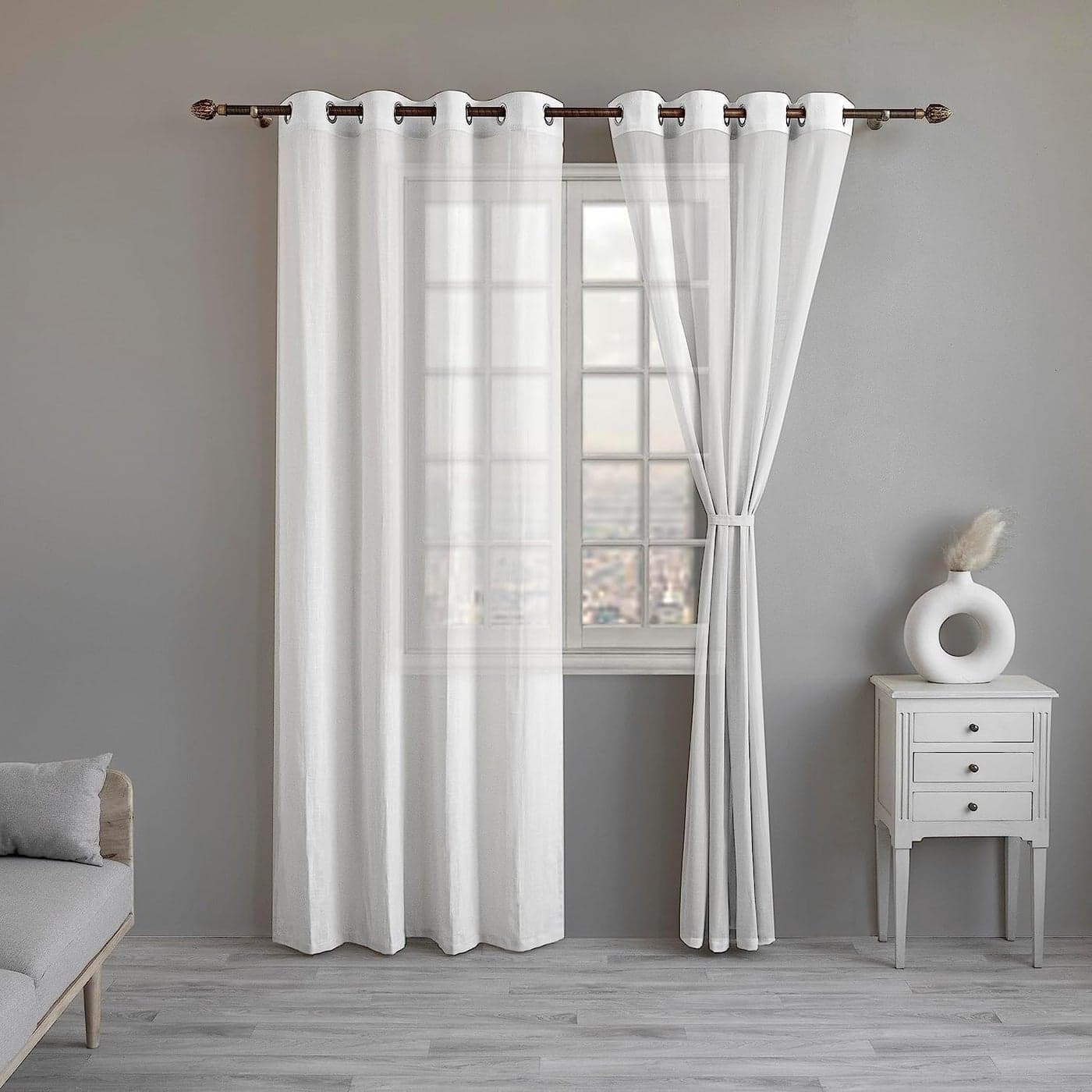 LINENWALAS Cotton Linen Sheer Curtains for Living Room, 7 Feet Door Curtain Panels for Bedroom Kitchen, Boho Curtain with Eyelet Rings, Light Filtering Drapes (White, 7 Feet)