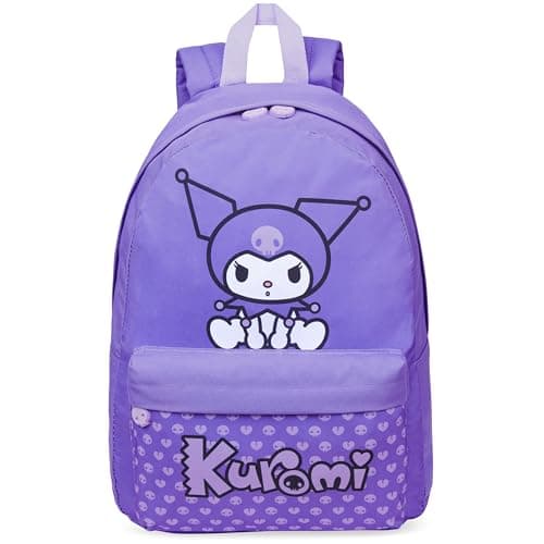 Hello Kitty Sanrio Backpack for Girls, Tweens with Zipped Front Pocket, Kawaii Backpacks for School, Travel, Gifts for Girls (Purple Kuromi)