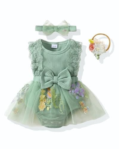 Renotemy Preemie Baby Girl Sage Green Romper Flower Tulle Dress Boho Summer Sleeveless Premature Baby Clothes Girl Baptism Wedding Party Christening Dresses Baby Shower Gifts Photography Outfit