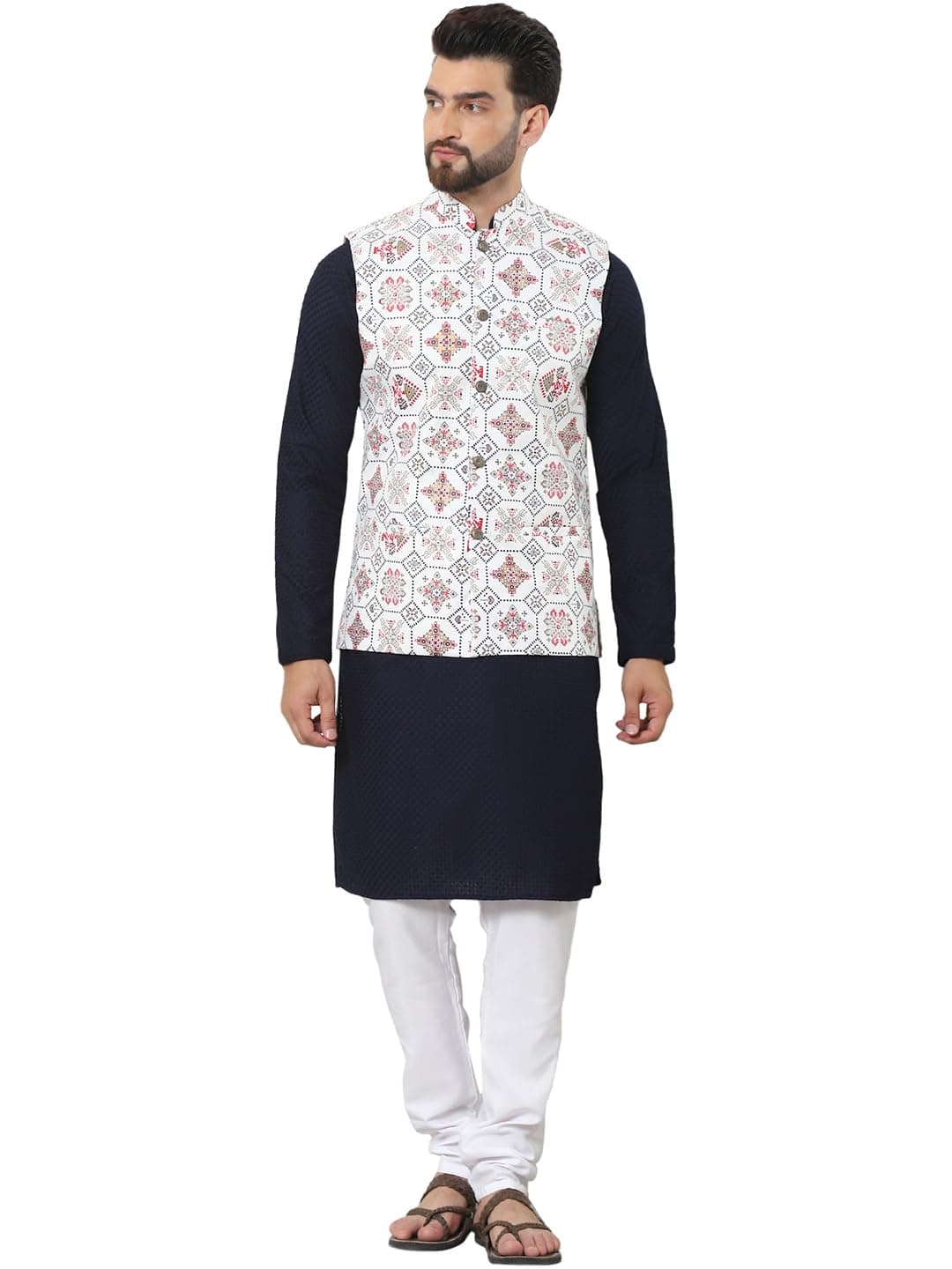 SOJANYA (Since 1958 Men's Pure Cotton Navy Kurta and White Pyjama With Sequins Cream Nehru Jacket