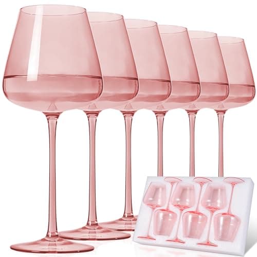 JOVGANK Pink Wine Glasses Set of 6, Hand Blown Large Colored Wine Glass 18Oz, Lead-Free Premium Crystal Long Stem Red and Thanksgiving Wine Glass, Housewarming and Mother's Day Gift