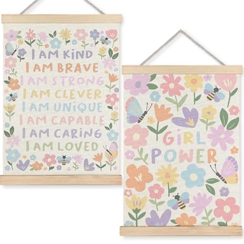 URLLUAE Girls Room Wall Decor, Nursery Colorful Flower Girly Wall Art With Wooden Poster Hanger, Pastel Floral Inspirational Canvas Prints Posters for Girls Room Nursery Playroom, 12x16 Inch Set of 2