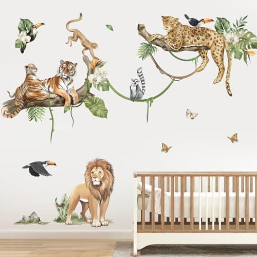 decalmile Large Jungle Animals Tree Branch Wall Stickers Safari Lion Leopard Tiger Wall Decals Baby Nursery Kids Room Playroom Wall Decor XL