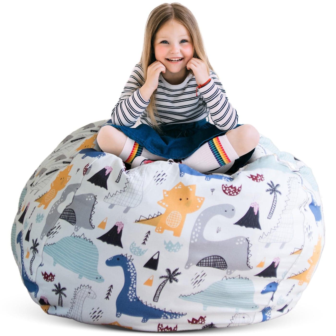 Creative QT Stuffed Animal Storage Bean Bag Chair Large Dinosaur Print Toddler Chair Toy Storage Organizer Holds Up to 90 Plush Animals