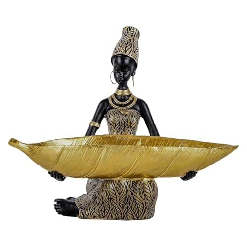 XIYOUQI African Tribal Lady Holders Figurine - Resin Gold Statue for Home Decor, Shelves, TV cabinets, Tabletop, Living Room, African Woman Sculpture for Entryway Key Bowl, Jewelry Holder or Gift