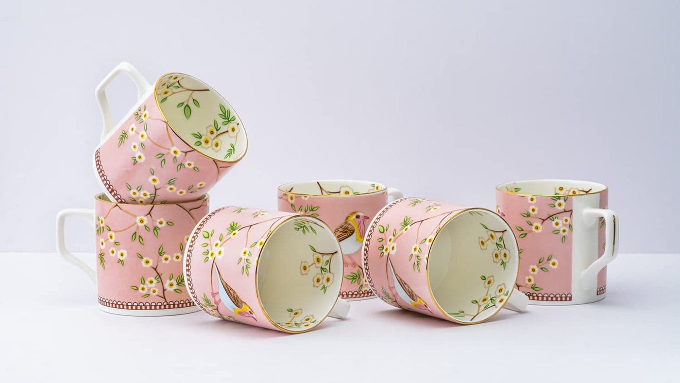 GOLDEN QUEEN'S Handcrafted Tea Cups - Set of 6 | Ideal for Everyday Tea and Coffee, Enhancing Your Daily Rituals - Pink Birdie, Bone China, 200 ML