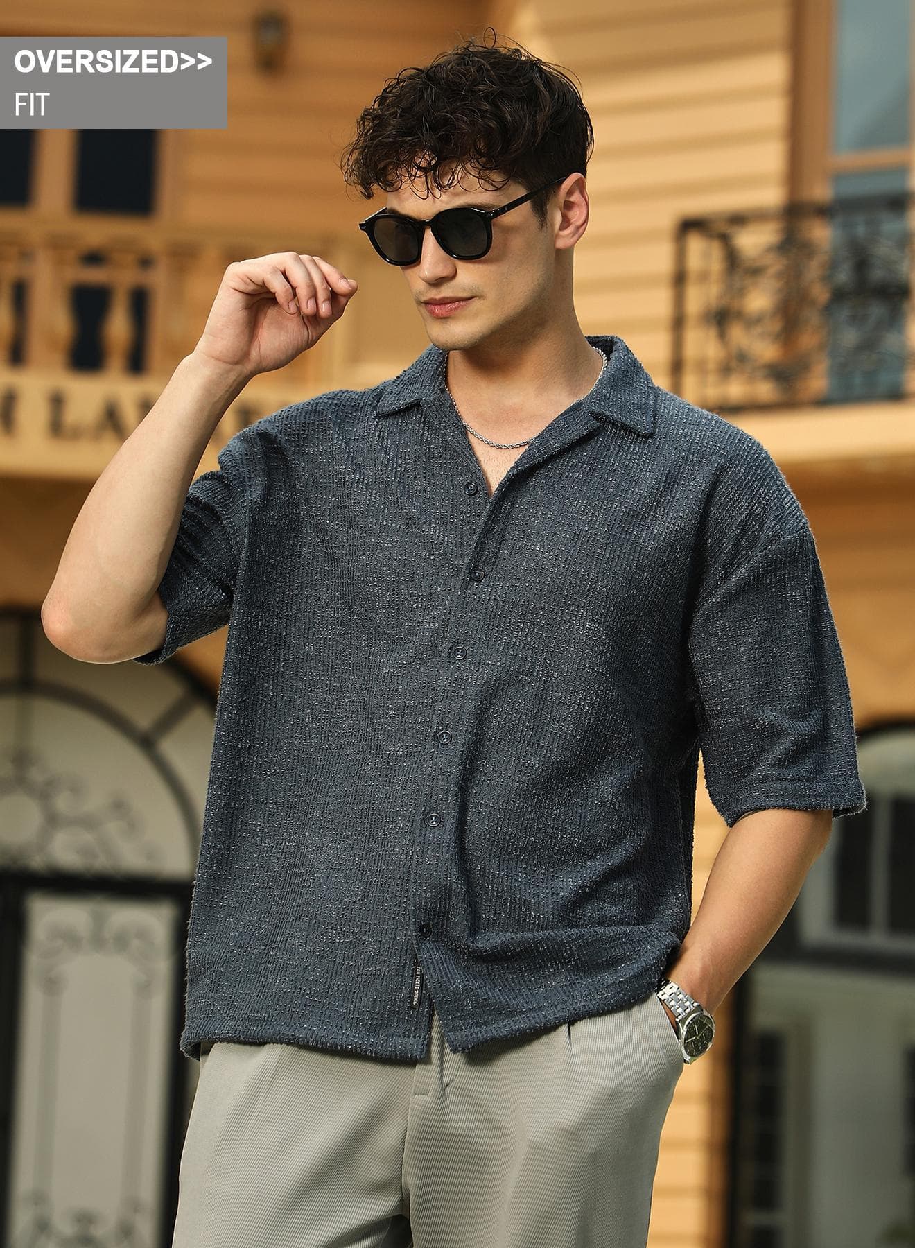 Men's Prussian Blue Tactile-Resort Oversized Shirt
