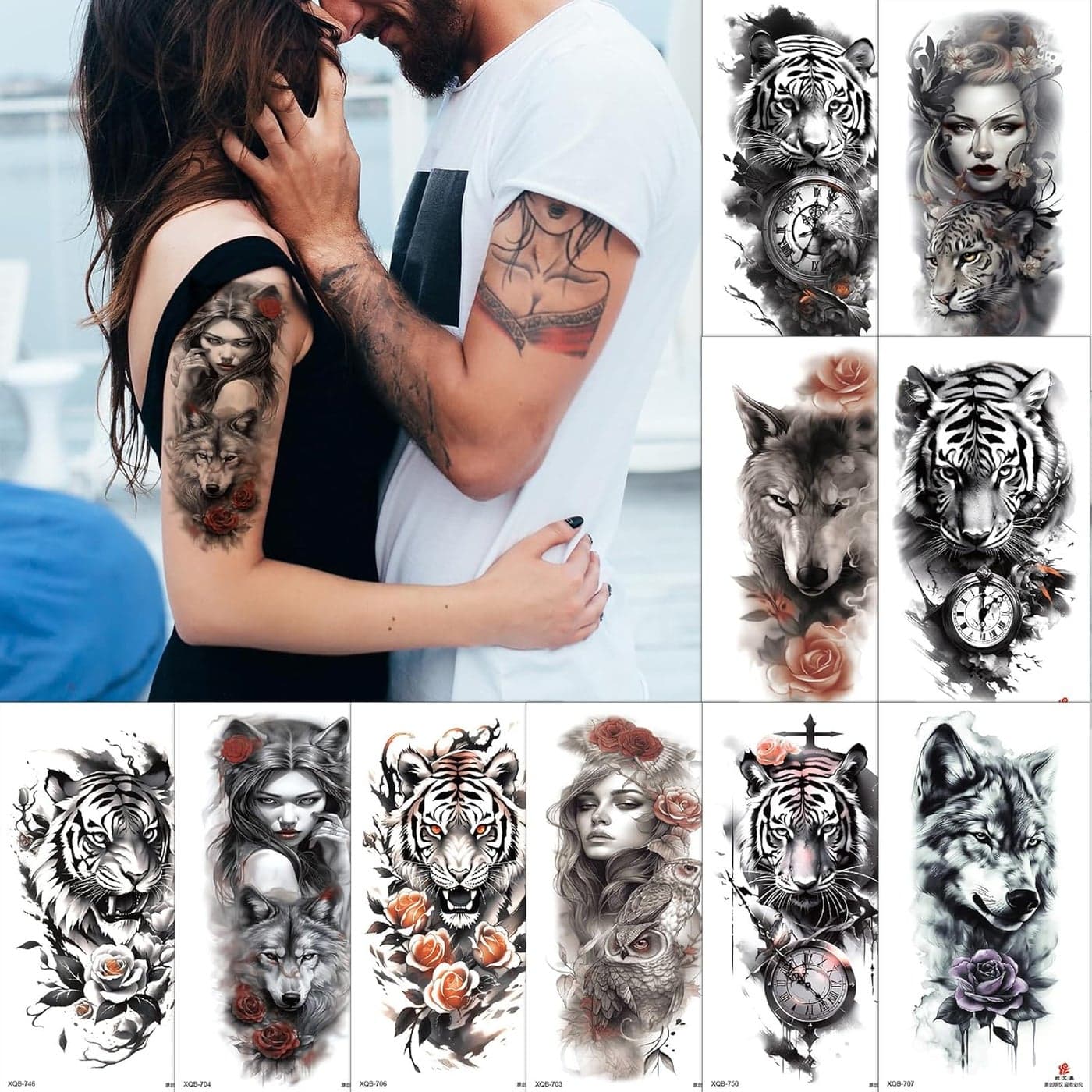 Aivoch 10 Sheets Realistic Animals Temporary Tattoo for Men Women Adults Wolf Tiger Rose Tattoos Stickers Flowers Fake Tattoo Stickers Body Art Half Arm Sleeve Tattoos