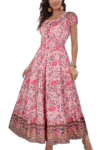 OSTOO Women's 2025 Summer Short Sleeves Boho Floral Print Tiered Casual Flowy Long Maxi Dress(Pink,M)