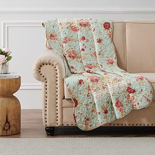 Greenland Home Antique Rose Classic Traditional Floral 100 Cotton Quilted Throw Blanket 50 x 60 inches Blue