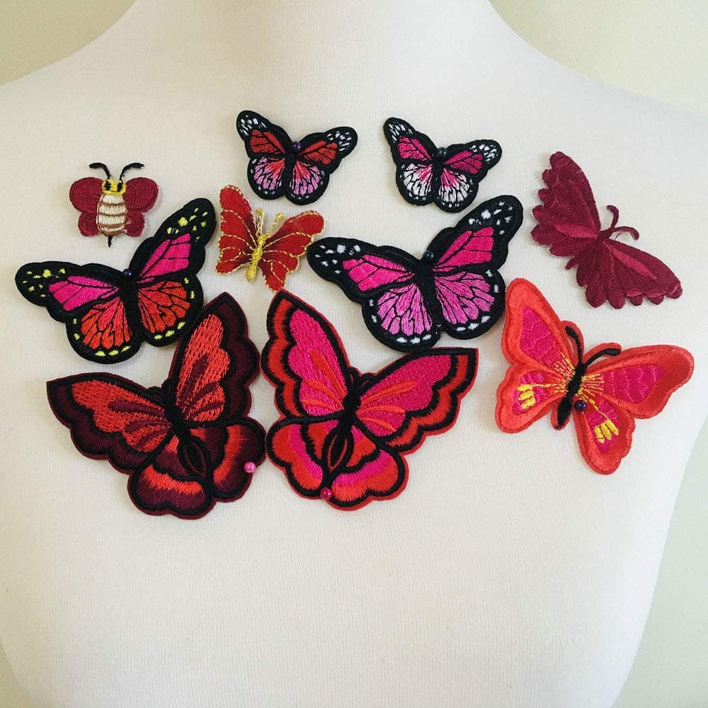 10 Piece Butterfly Embroidery Applique Patch Iron on Cotton Applique Butterfly Patch Red Style A