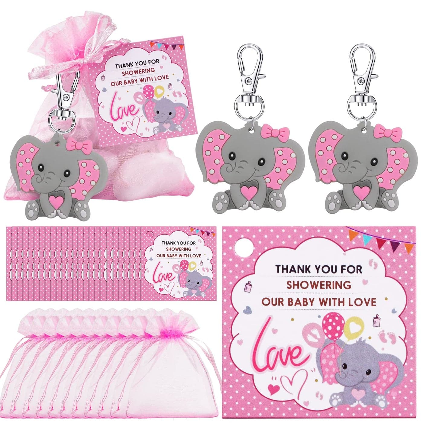 HozHoy 40 Sets Baby Shower Favors for Girls Guests Gifts Including Elephant Keychains Decorations Drawstring Bags Thank You Cards for Baby Shower Party