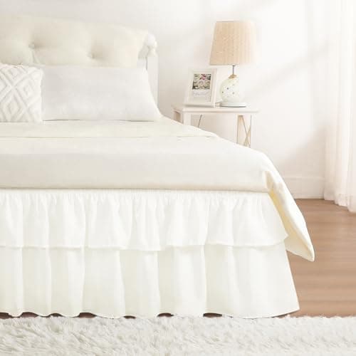 RIMELA Ruffle Bed Skirt Warm White Queen 15 Inch Drop, Elastic Wrap Around Bed Skirting Queen Size, Easy to Install Dust Ruffle, Machine Washable Soft Fabric, Multi Ruffle Bedskirt