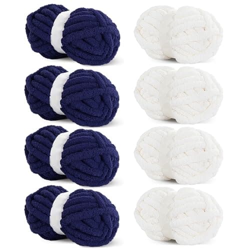 HOMBYS Chunky Chenille Yarn for Crocheting, Super Bulky Jumbo Yarn for Hand Knitting, 3/4" Thick Soft Plush Yarn for Blankets, 8 Skein Pack (27 yds / 8 oz Each), Multi Assorted Cream Navy Blue