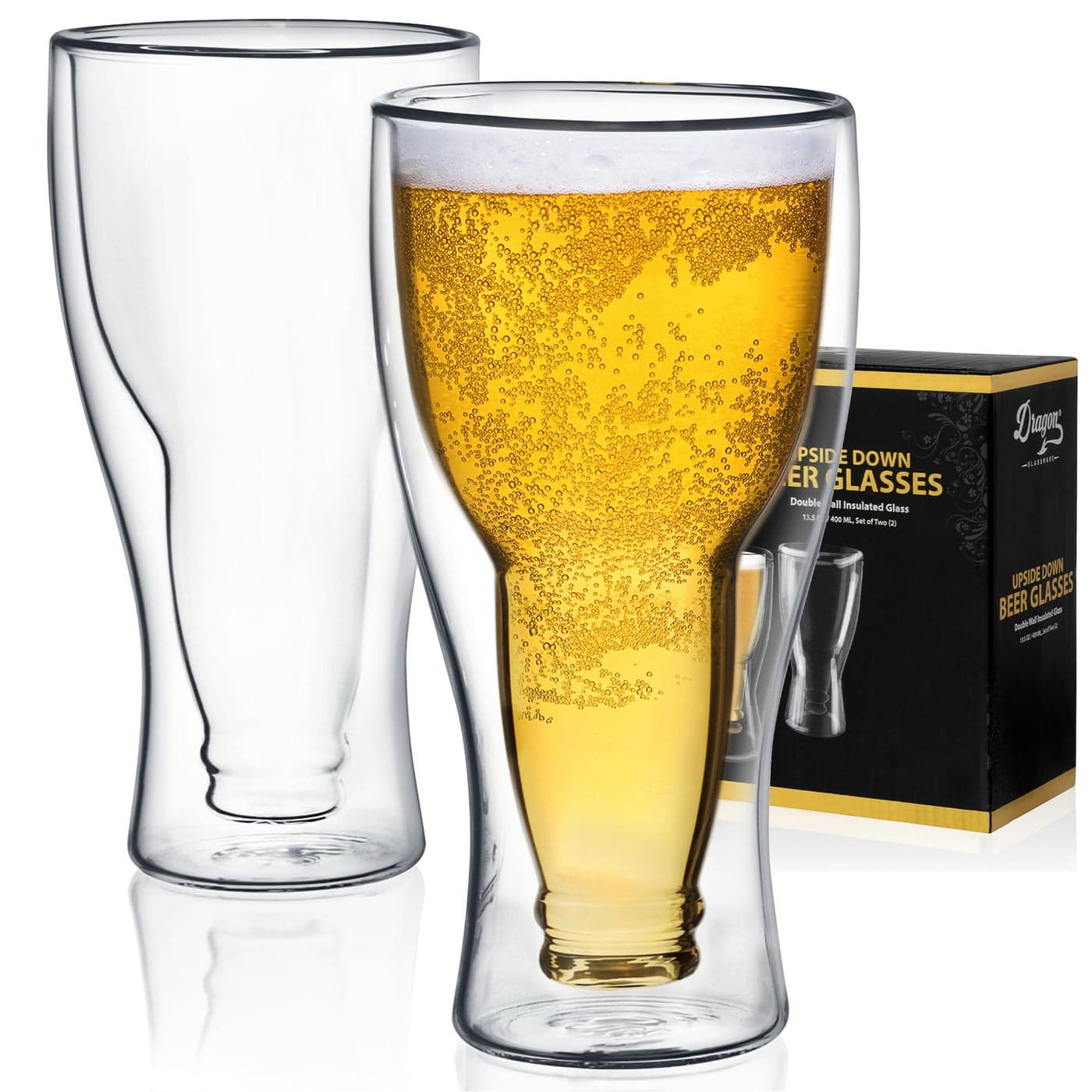 Dragon Glassware Beer Glasses 135 oz Clear Double Wall Insulated Beer Glass Set of 2 Upside Down Design Holds One Full Bottle Freezer Safe