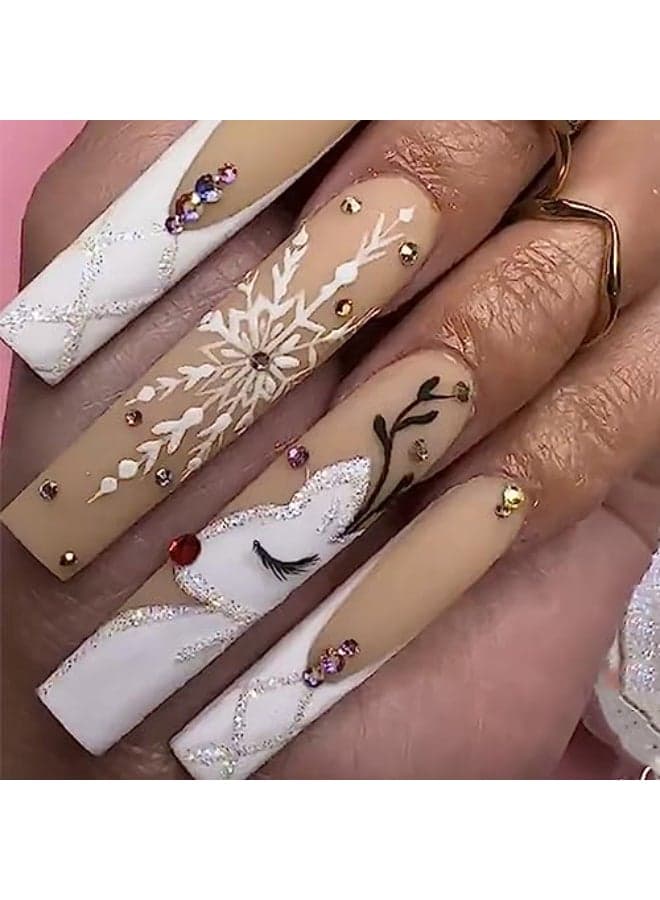 Christmas Square Press on Nails Long Length Artificial Fake Nails with Xmas Snowflake Elk Rhinestone Designs Acrylic Coffin False Nails for Winter Holiday False Fingernails Glue Nails for Women