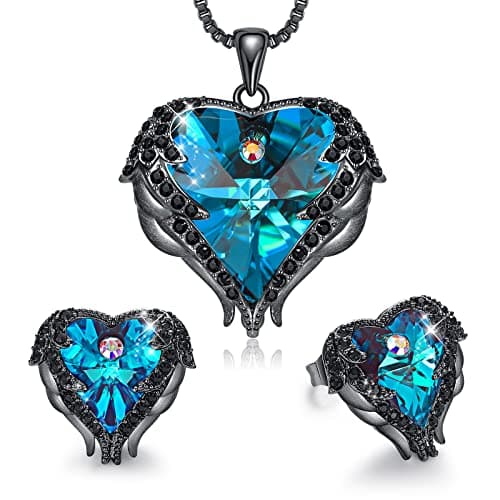 CDE Jewelry Set for Women, Angle Wing Heart Pendant Necklaces and Earrings with Birthstone, Birthday Ideal Jewelry Gifts for Women Mom/Wife/Sister/Best Friend