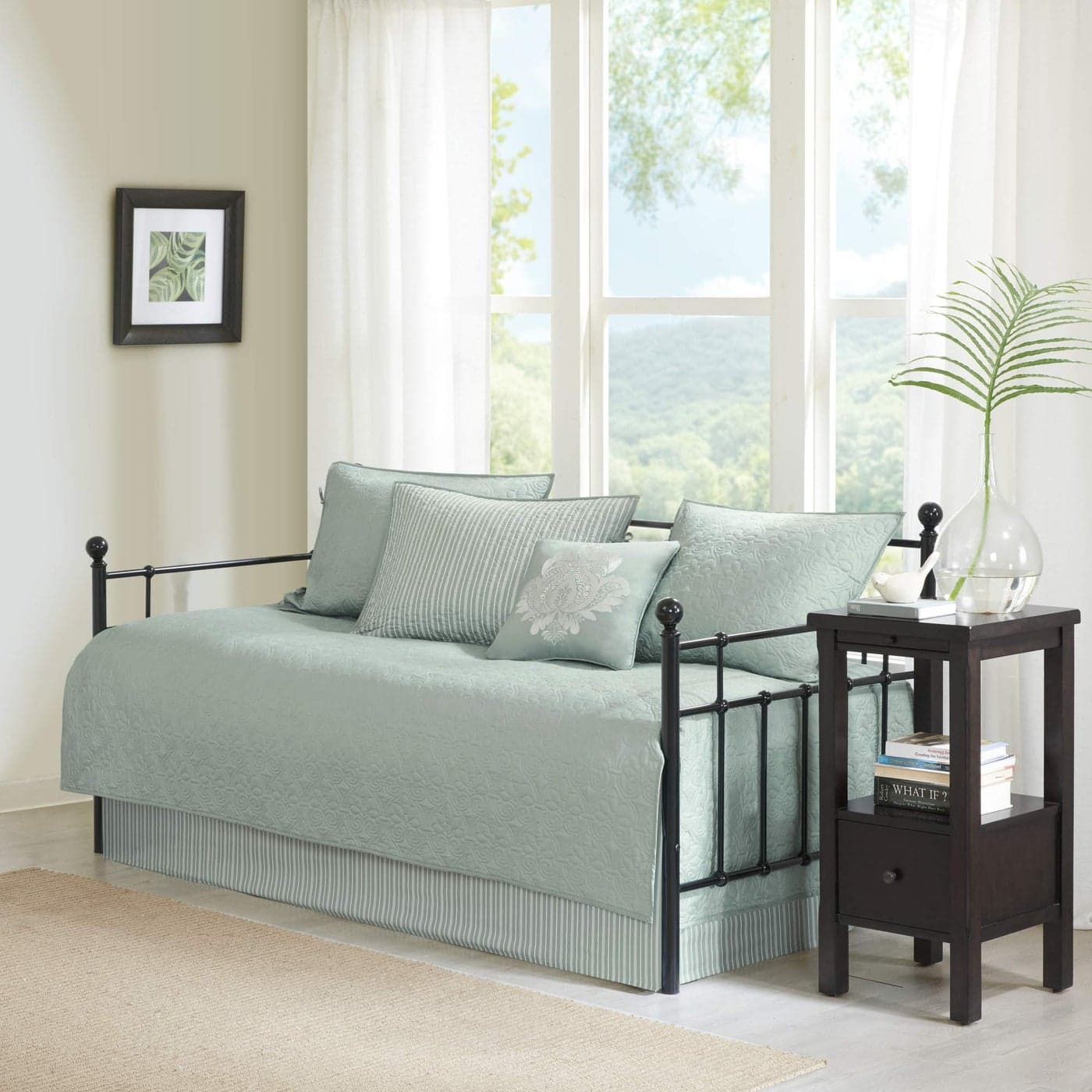 Madison Park Cotton Daybed Cover SetDouble Sided Quilting Classic Cottage Design All Season Bedding with Bedskirt Matching Shams Decorative Pillow 39x75 Quebec Seafoam 6 Piece