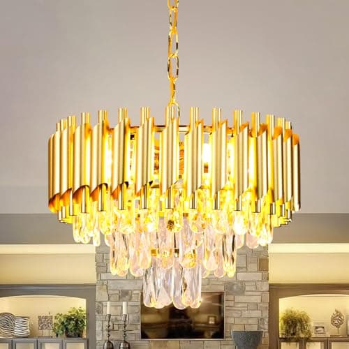 FRIXCHUR 16-Inch Modern Gold Crystal Chandelier, Ceiling Light Fixture, Adjustable Pendant Light – Suitable for Dining Room, Foyer, Kitchen and Bedroom
