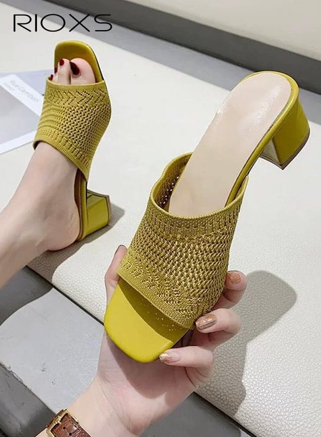 Women's Knit Heeled Sandals, 5cm Chunky Low Block Heels Pumps, Fashion Square Open Toe Sandals, Classic Slip On Pumps Shoes for Women, Versatile Ladies Casual Slides Sandal, Low Heel Mules Dress Slides Shoes, Women's Comfort Shoes for Party/ Work/ Date/ Wedding, Yellow Sandals Fashion Woman Footwear