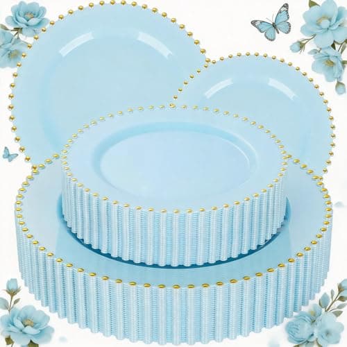 ejonirinjonir EI 60pcs Blue Plastic Plates,Dispoable Heavy Duty Plastic Plates with Gold Rim,Baby Blue 10" Dinner & 7" Dessert Plate,Fancy Elegant Plate for Party,Birthday,Afternoon Tea