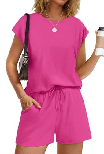 WIHOLL Womens Lounge Two 2 piece Sets Summer Outfits 2026 Loungewear Matching Beach Vacation Clothes Sweatsuits Sweat Tracksuits Pajamas Pjs Shorts Fashion Trendy Travel Clothing Hot Pink S