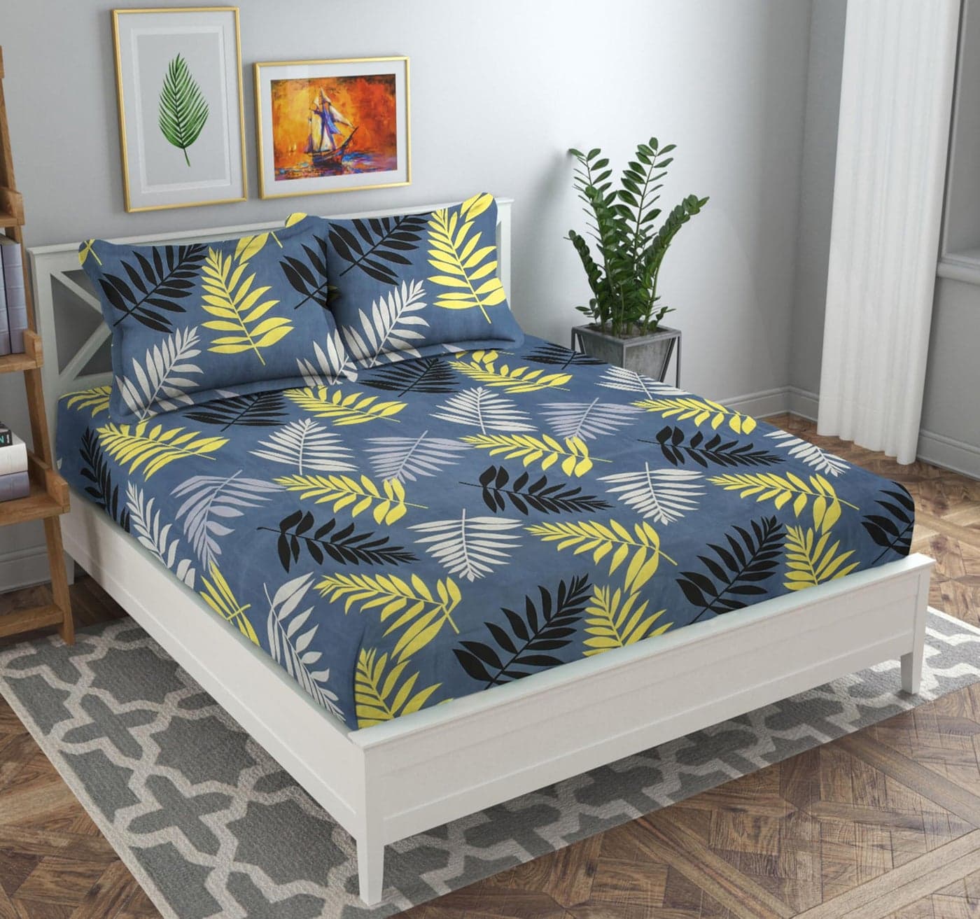 VAS COLLECTIONS Premium 3D Printed 144 TC Microfiber Double Bedsheet with 2 King Size Pillow Covers (90X90 Inches) Pam Tree Dark Grey