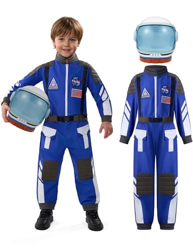 Spooktacular Creations Astronaut Costume with Helmet Vintage Toddler Astronaut Outfit BoysPilot Jumpsuit Costume Unisex for Halloween Dress Up Themed Parties Blue M