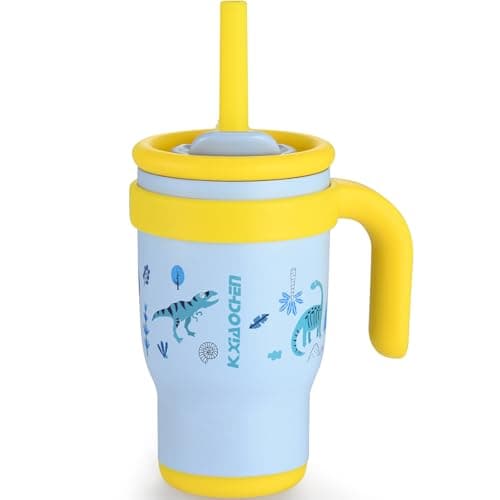 KXIAOCHEN 14 oz Kids Tumbler with Handle for Spill Proof Insulated Stainless Steel Reusable Tumbler for Toddlers, Keeps Drinks Cold up to 24 Hrs, Blue Dinosaur