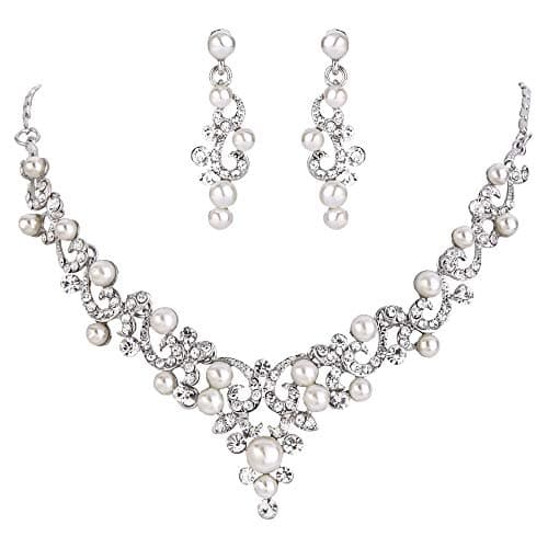 BriLove Wedding Bridal Simulated Pearl Necklace Earrings Jewelry Set for Women Filigree Vine Y-Necklace Dangle Earring Clear Silver-Tone