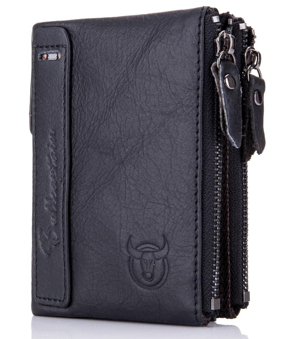 BULLCAPTAIN Genuine Leather Wallet for Men Vintage Bifold with Double Zipper Pockets (Black)