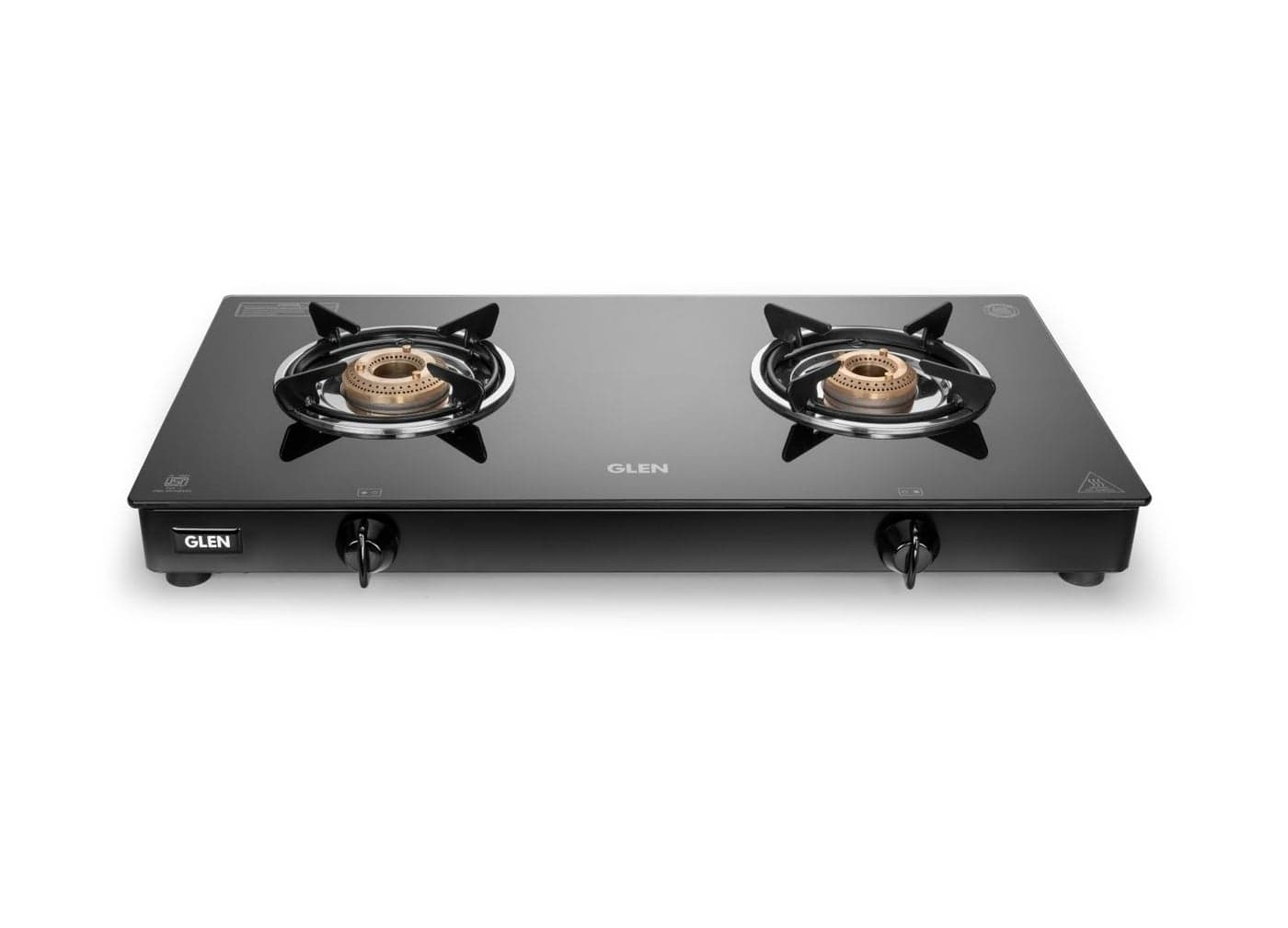 Glen Apex 2 Burner LPG Gas Stove 66 cm | 6mm Toughened Glass Top | Brass Burners | ISI Certified | Manual Ignition | Black with Drip Trays & Revolving Inlet Nozzle | 2 Year Warranty