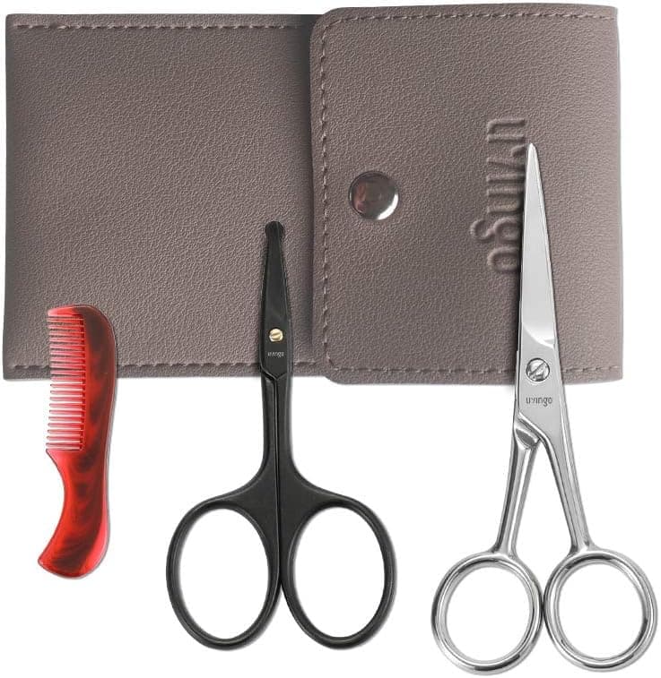 LIVINGO Beard Mustache Scissors for Men Professional Rounded Tip Safety Sharp Stainless Steel Small Beauty Facial Nose Hair Trimming Shears Kit with Mini Comb and Leather Case