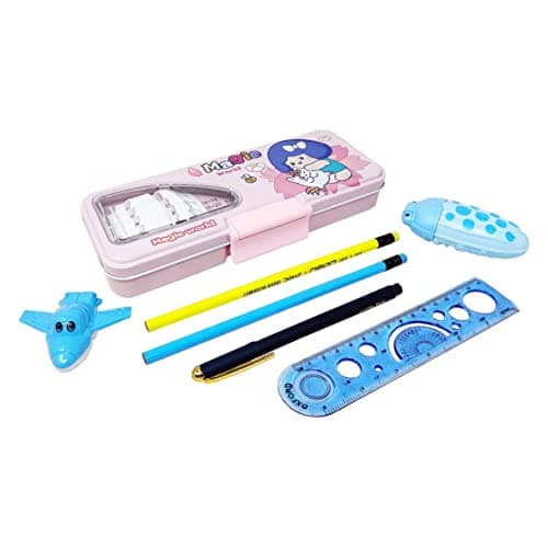 PARTEET Combo (Pack of 6 Items) 1 Metal Pencil Box, 2Pencil, 1 Scale, 1Sharpner, 1 Pen, 1Correction Tape for Kids (Assorted Colour)