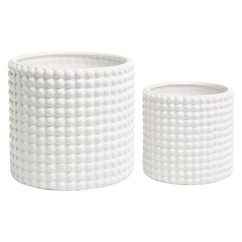 MyGift 6 Inch Ceramic Round Planter Pot Set of 2 VintageStyle White Ceramic Flower Pots Indoor Hobnail Textured Cylindrical Succulent Plant Containers