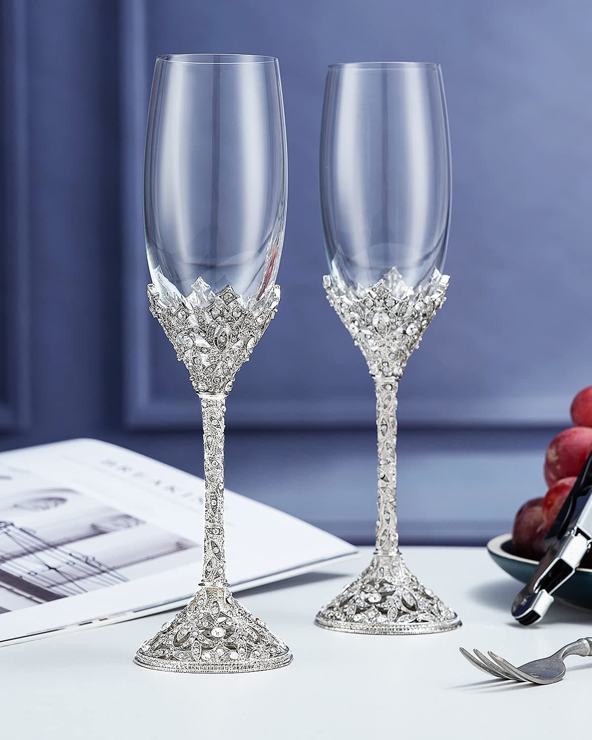 Jozen Gift Champagne Flutes Crystal Glass Metal Base With Crystal Stones Set of 2 Toasting Flute Pair Wedding Anniversary Party Birthday Banquets and Gifts for Bride and Groom7oz