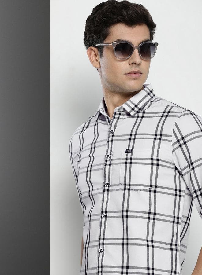 Men White Grid Checked Casual Shirt