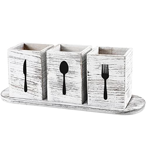 Kathfly 4 Pcs Silverware Caddy Utensil Holder for Countertop Silverware Organizer with Wood Tray Spoon Fork Holder 3. 15 x 3. 15 x 4. 53 Inches of Each Organizer for Kitchen Parties(Retro White)