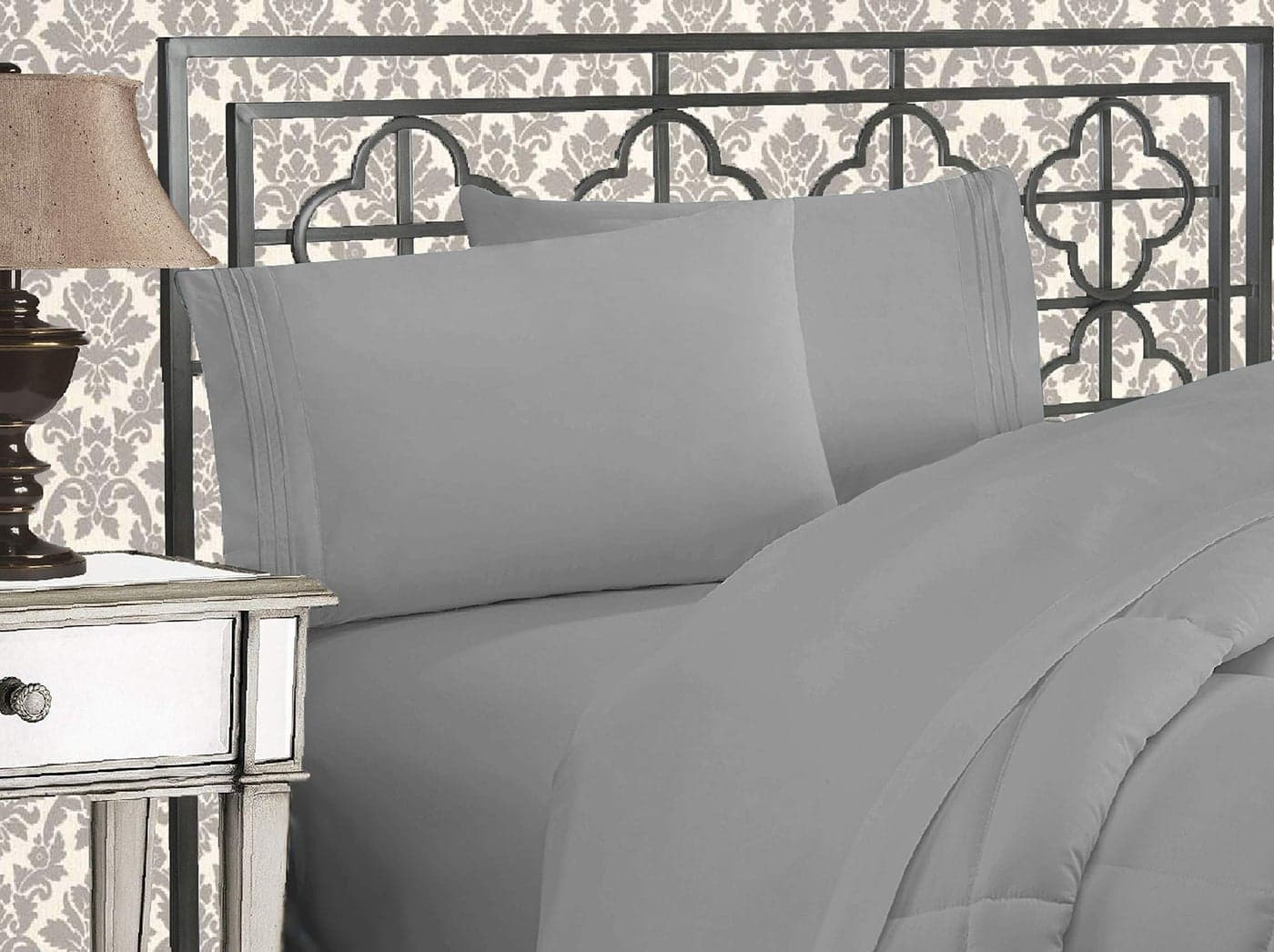 Elegant Comfort Luxurious 1500 Premium Hotel Quality Microfiber Three Line Embroidered Softest 4Piece Bed Sheet Set Wrinkle and Fade Resistant California King SilverLight Grey