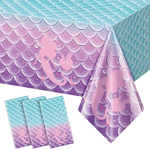 Jectivs 3Pcs Mermaid Birthday Party Tablecloth DecorationsDisposable Plastic Table Cover for Princess Under The Sea Baby Shower Themed Kids Birthday Party Supplies108x54 Inch