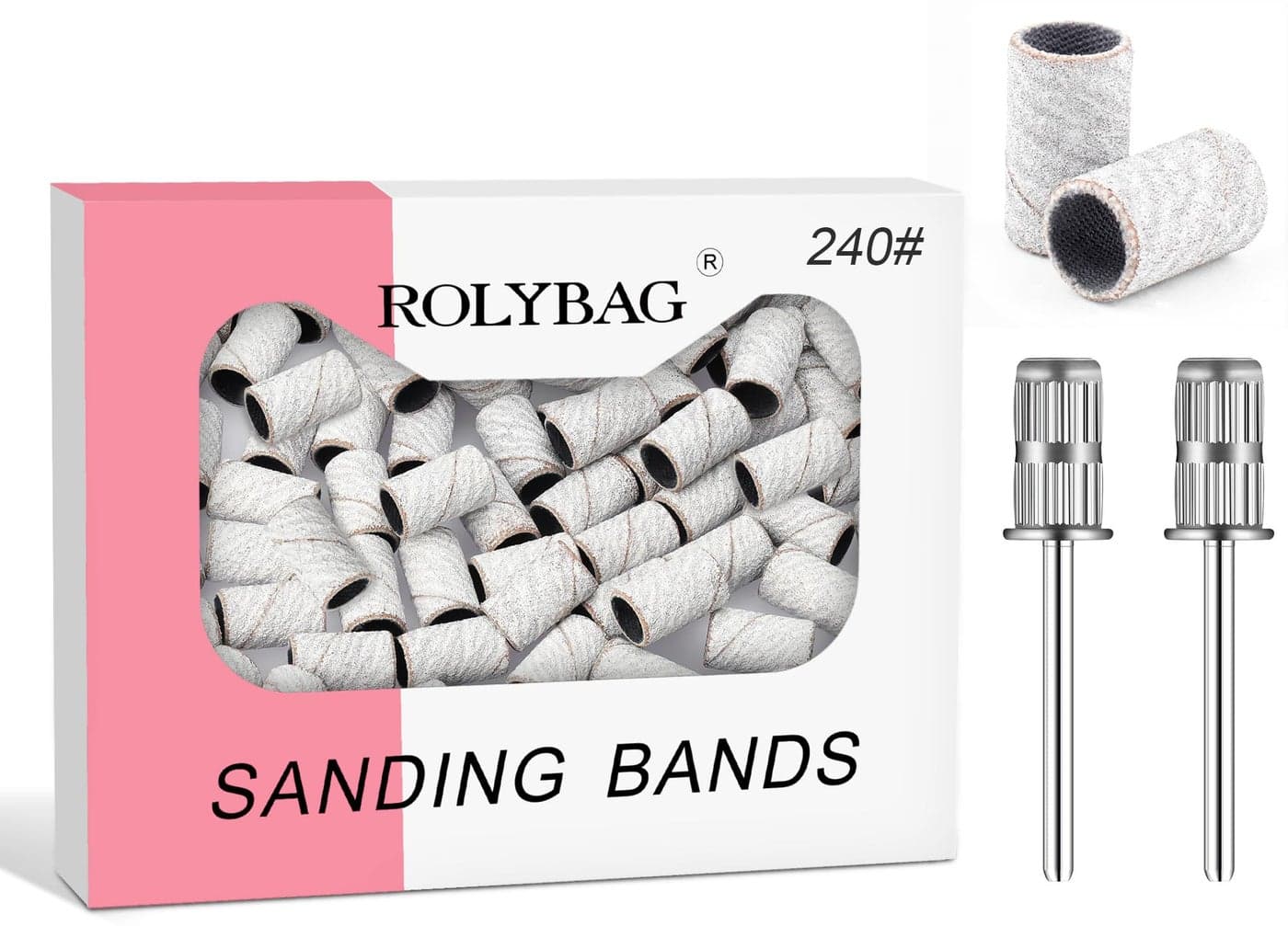 Rolybag Sanding Bands with Storage Box 100 Superfine Grinding Wheel Sand Bands and 2 Mandrels for 332 Nail Drill Machine 240 Grit