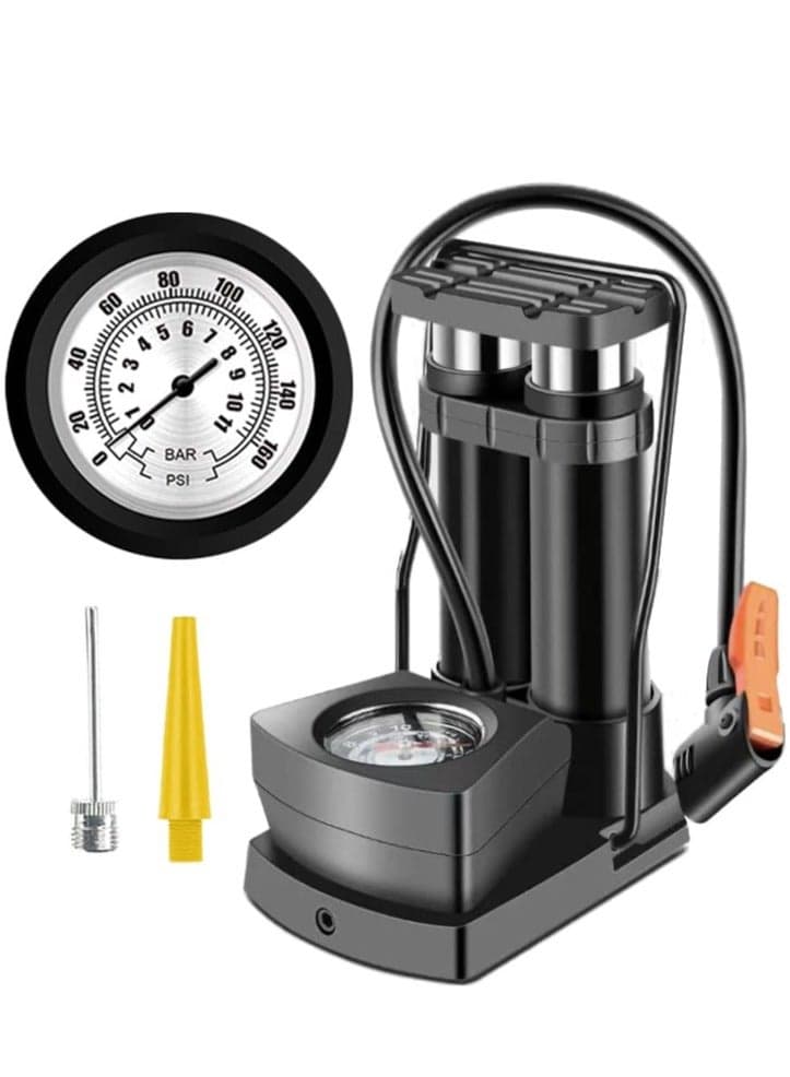 Double Barrel Foot Pump, Portable Bike Pump Bicycle Air Tire Super Fast Tyre Inflation Aluminum Alloy Mini Floor with Pressure Gauge for All Bike, Fits Presta Schrader Valve
