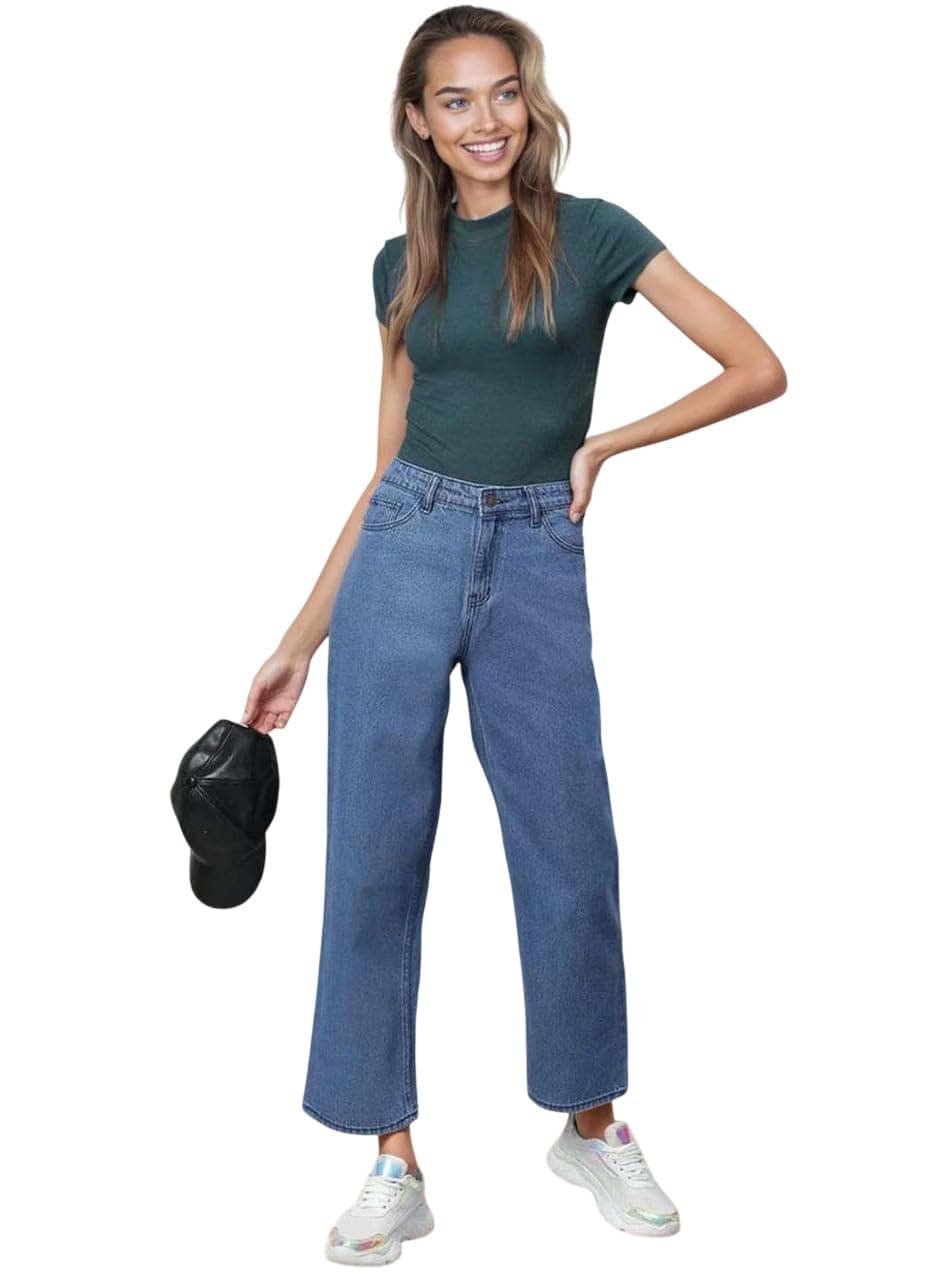 KOTTY Women High Rise Cotton Lycra Ankle Length Straight fit Cornflower Blue Solid Jeans (Cornflower Blue,28)