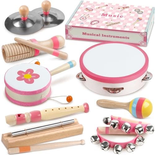 Baby Musical Instruments Montessori Musical Toys for Toddlers 13 Wooden Percussion Instruments Set Kids Preschool Educational Music Learning Toys Birthday Gifts for Boys Girls Pink