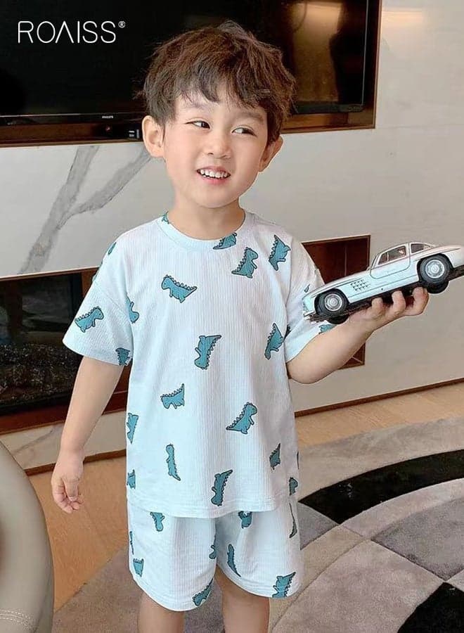 Boys Summer Pajama Set, Cartoon Pajamas with Dinosaur Patterns, 2 Piece Summer Sleepwear Set, Short Sleeve Top and Pants Set for Boys