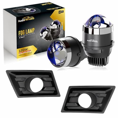 Audio Wheels 3" LED Projector Fog Lamp with Cover 120W, Tri-Color (White/Warm/Yellow) | Single Beam | with Blue Tint Film | 12V/24V Fog Light for Car & Vehicle Modification | For Hyundai Creta 2024
