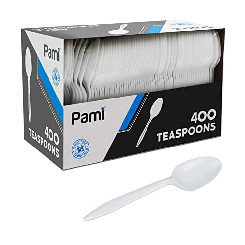 PAMI 400-Pack Medium Weight Disposable Plastic Teaspoons, Bulk Utensils for Parties, Weddings, Catering, Plastic Forks in Bulk Available (Teaspoons White)